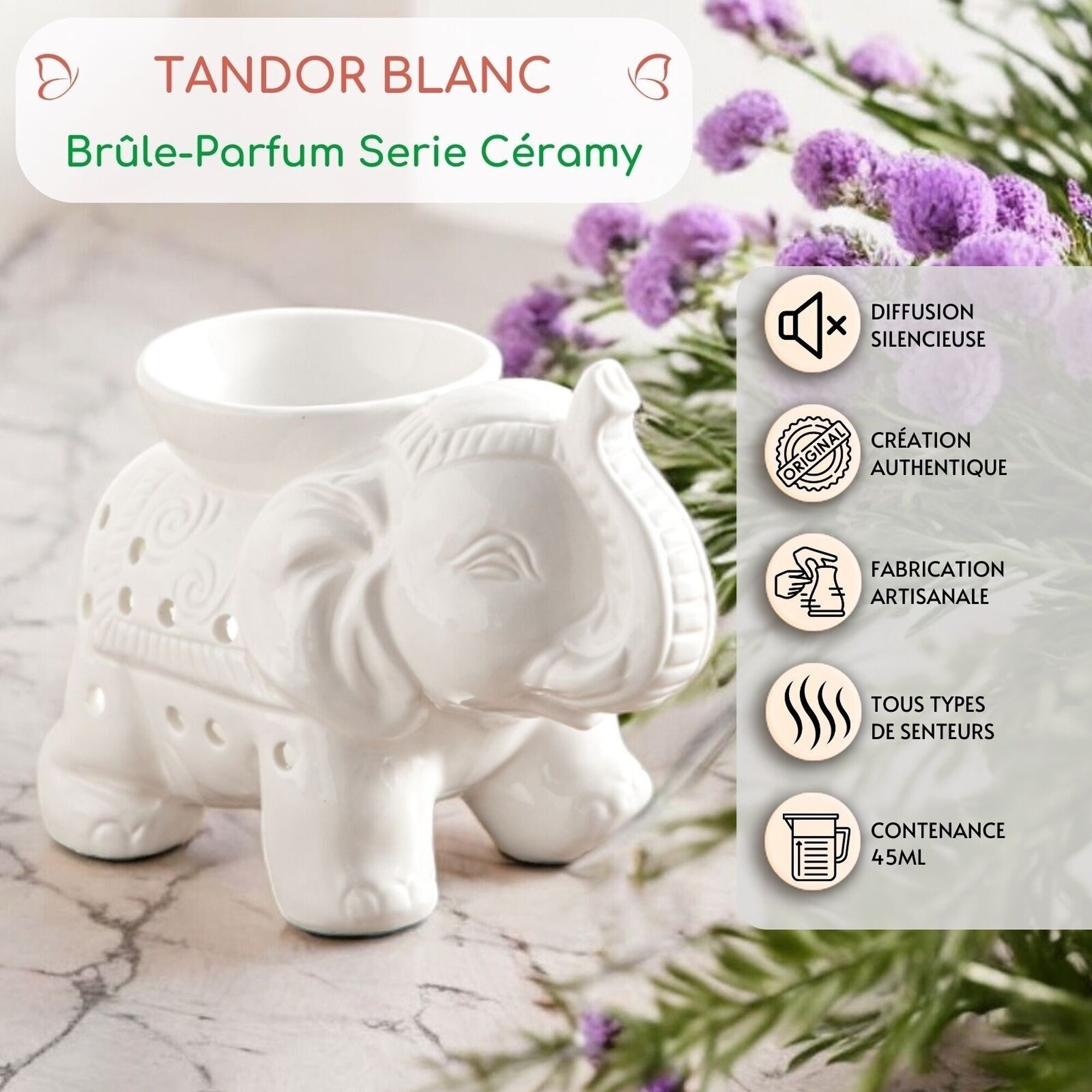 Brûleur fondant cire Parfumée en céramique Éléphant Tandor blanc – Image 10