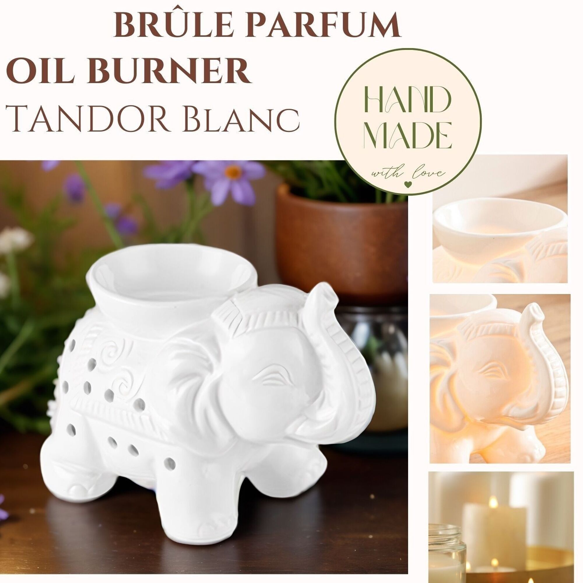 Brûleur fondant cire Parfumée en céramique Éléphant Tandor blanc – Image 11