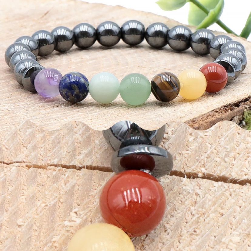 Bracelet Boules 8 mm – 7 Chakras + Hématite ✨